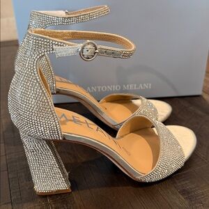 Antonio Melani Blaire Silver Rhinestone Crystals Ankle Strap Chunky Heel 7